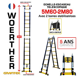 Escabeau-échelle télescopique Woerther 5m60/2m80 - Avec sac porte outils - Gamme Grafite- Double barre stabilisatrices - Qualité supérieur - Garantie 5 ans 