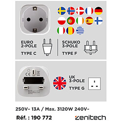 Acheter Adaptateur prise voyage France/UE vers Angleterre/UK - 2 broches Europe vers 3 broches UK - blanc - Zenitech