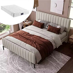 Avis KOMHTOM Lit Double Rembourré - 160 X 200 cm - Sommier À Lattes - Tête Réglable - Lissu En Lin - Gris Et Beige - Matelas Inclus