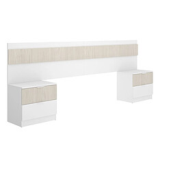 Pegane Tête de lit + 2 tables de nuits avec 2 tiroirs coloris imitation lamelles, blanc - longueur 248 x profondeur 34 x hauteur 96 cm 