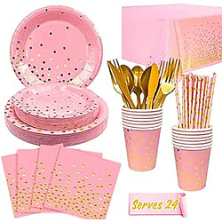 Lumcrajems Rose et Or Vaisselle de Fête, 193pcs Pink et Rose Or Party Vaisselle Set - Assiette Anniversaire Fille Rose Nappe Serviettes Gobelet et Couverts etc Vaisselle Anniversaire Rose et Or, 24 Invités