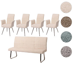 Mendler Set de salle à manger HWC-G55, set de 4 chaises avec accoudoirs+banc 180cm, inox brossé tissu/textile chenille ~ crème