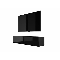 3XELIVING Meuble TV suspendu, D: l : 140 cm, H : 34 cm, P : 32 cm, NOIR / NOIR BRILLANT 