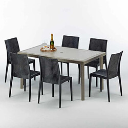 Grand Soleil Table rectangulaire et 6 chaises Poly rotin resine ensemble bar cafè exterieur 150x90 Beige Marion, Chaises Modèle: Bistrot Anthracite noir