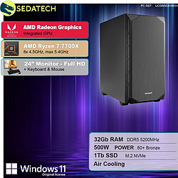 Sedatech Pack PC de bureau Silent • AMD Ryzen 7 7700X • Radeon Vega • 32Go DDR5 • 1To SSD M.2 • Windows 11 • Moniteur 24"