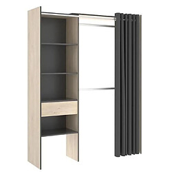 Pegane Armoire dressing extensible avec rideau + 1 tiroir coloris naturel/graphite - Longueur 110-160 x Hauteur 203 x Profondeur 50 cm