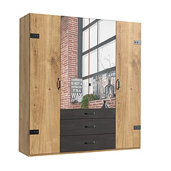 Pegane Armoire avec miroir 4 portes Imitation chêne poutre rechampis raw steel - L200 x H216 x P58 cm