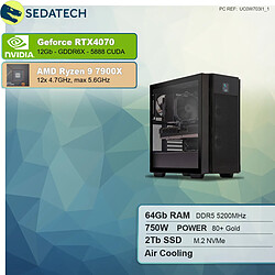 Sedatech Workstation Pro • AMD Ryzen 9 7900X • RTX4070 • 64 Go DDR5 • 2To SSD M.2 • sans OS