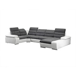 Vente-Unique Canapé d'angle panoramique convertible en tissu et simili BOILEAU - Bicolore Gris/Blanc - Angle droit