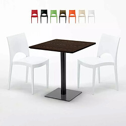 Grand Soleil Table carrée 70x70 plateau effet bois avec 2 chaises colorées Paris Melon - Blanc