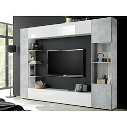 Vente-Unique Mur TV SIRIUS avec rangements - Coloris : Blanc laqué et béton