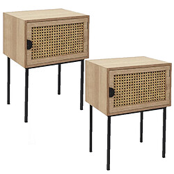 Toilinux Lot de 2 Tables de chevet en cannage 1 porte en Bois et métal - Marron