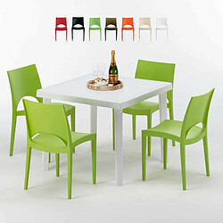 Table Carrée Blanche 90x90cm Avec 4 Chaises Colorées Grand Soleil Set Extérieur Bar Café Paris Love, Couleur: Vert