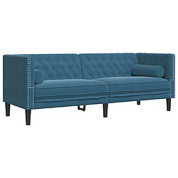 vidaXL Canapé Chesterfield avec traversins 3 places bleu velours