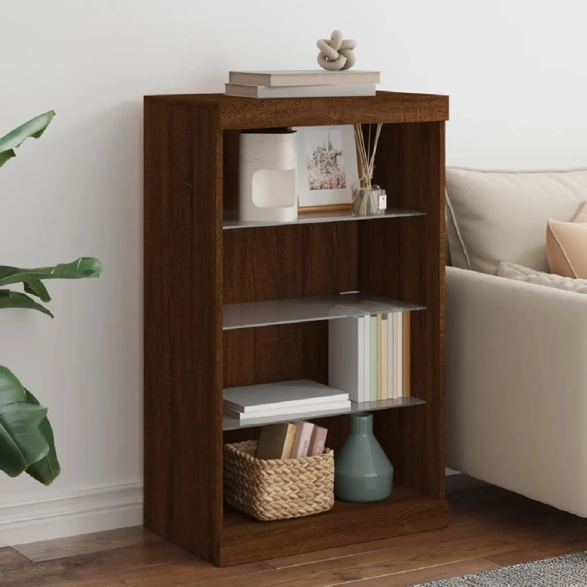 Maison Chic Commode Buffet - Meuble de rangement avec lumières LED chêne marron 60,5x37x100 cm -GKD17208