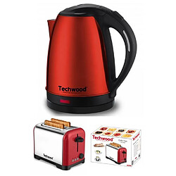 Techwood Bouilloire Inox Rouge 1,8L Sans Fil 1500W Arret automatique + Grille-pain Inox Rouge 2 Fentes 700W + Bouilloire 