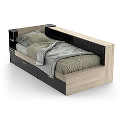 Avis Vente-Unique Lit modulable 90 x 190/200 cm avec rangements - Noir et naturel - LIARA