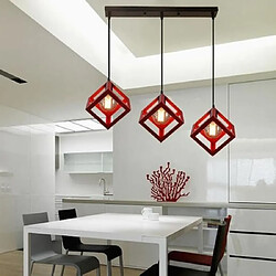 Stoex Suspension Cage Cube avec barre 3 Luminaire Contemporain, Lustre abat-jour Carré Salon Salle à Manger E27 Rouge