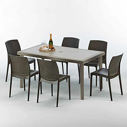 Grand Soleil Table rectangulaire et 6 chaises Poly rotin resine ensemble bar cafè exterieur 150x90 Beige Marion, Chaises Modèle: Boheme Marron Moka