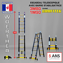 Escabeau-échelle télescopique Woerther 3m80/1m90 - Double barre stabilisatrices - Qualité supérieure - Garantie 5 ans