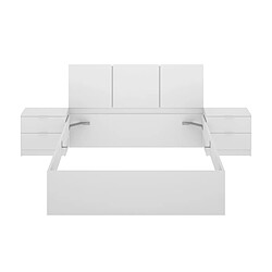 Pegane Ensemble de tête de lit + lot de 2 tables de chevet avec 2 tiroirs + structure de lit 140 x 190 cm coloris blanc