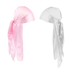 Avis 2 Pièces Durag Headwear Cap Chute De Cheveux Écharpe Bandana Turban Blanc + Rose