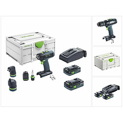 Festool T 18+3 HPC 4.0 I-Set Perceuse-visseuse sans fil 18 V 50 Nm brushless (576989) + 2x Batteries 4,0 Ah + Chargeur + Accessoire excentrique + Accessoire d'angle + Coffret