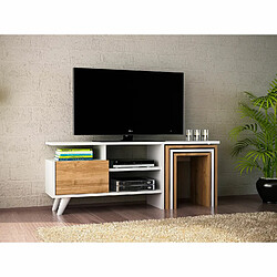 Toilinux Meuble TV avec 3 niches de rangement 1 porte abattante et 3 tables d'appoint encastrable en panneaux de particules - Beige et blanc