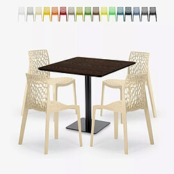 Grand Soleil Ensemble Table Bois Métal Horeca 90x90cm 4 Chaises Design Empilables Dustin Restaurant Bar - Beige