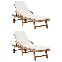 Helloshop26 Lot de 2 transats chaise longue bain de soleil lit de jardin terrasse meuble d'extérieur avec coussins bois de teck solide crème 02_0012154 