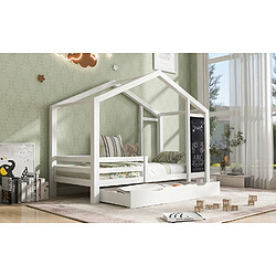 Sweiko Lit d'enfant Lit de maison 90 x 200 cm, lit en bois avec tableau et 2 tiroirs, bois massif avec barrière et sommier, blanc (sans matelas)