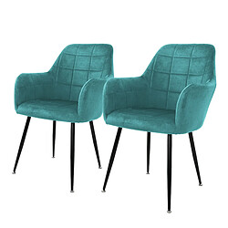 Chaises de salle à manger avec dossier & accoudoirs Lot de 2 Turquoise Revêtement velours avec pieds métal ML-Design 