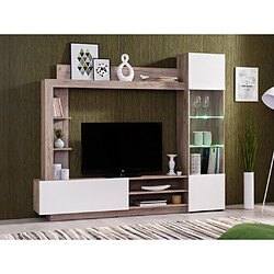 Vente-Unique Mur TV ARKALA avec rangements - LEDs - Blanc & Chêne