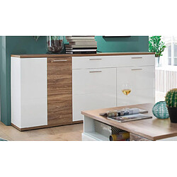 Avis Pegane Buffet coloris blanc brillant mat et chêne massif - Longueur 180 x Hauteur 86 x Profondeur 43 cm