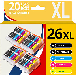 123CONSOMMABLES - 26XL - Cartouche d'encre compatible avec Epson pour Epson Expression Premium XP-510 XP-520 XP-600 XP-605 XP-610 XP-615 XP-620 XP-625 XP-700 XP-710 XP-720 XP-800 XP-810 (pack de 20) 