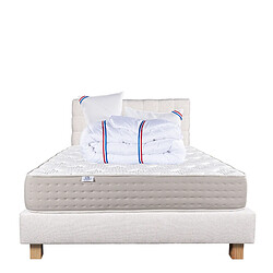 LUXURY LITERIE Ensemble matelas Dreamlux 140x190 cm + sommier beige ep20cm + 2 oreillers + couette + Tête de Lit •Dimensions du couchage: 140x190 cm •Type de matelas: ressorts ensachés, memosoft100 •Epaisseur du matelas: 28 cm •Matelas livré roulé compressé •Traitement de protection: Anti-acarien, Anti-bactérien, Hypoallergénique •Revêtement-Coutil certifié Oeko-tex