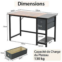 Acheter Helloshop26 Bureau de 120 cm poste de travail informatique moderne avec 2 tiroirs crochet de suspension étagère de rangement marron rustique et noir 20_0007992