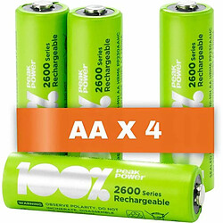 Piles Rechargeables AA - Lot de 4 Piles | 100% PEAKPOWER | Batteries AA LR6 Rechargeables 1.2v Minh 2300 mAh | Pré-Chargées 