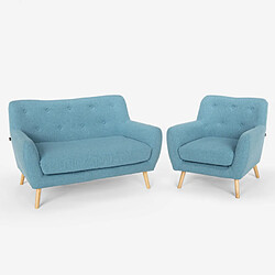 Avis LE ROI DU RELAX Salon fauteuil canapé 2 places design scandinave en bois et tissu Algot | Couleur: Bleu