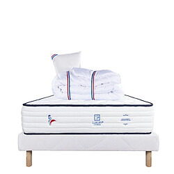 LUXURY LITERIE Ensemble matelas Patriote 90x190 cm + sommier blanc ep 13cm + oreiller + couette •Dimensions du couchage: 90x190 cm
•Type de matelas: ressorts ensachés, memosoft100
•Epaisseur du matelas: 27 cm
•Matelas livré roulé compressé
•Traitement de protection: Anti-acarien, Anti-bactérien, Hypoallergénique
•Revêtement-Coutil certifié Oeko-tex®