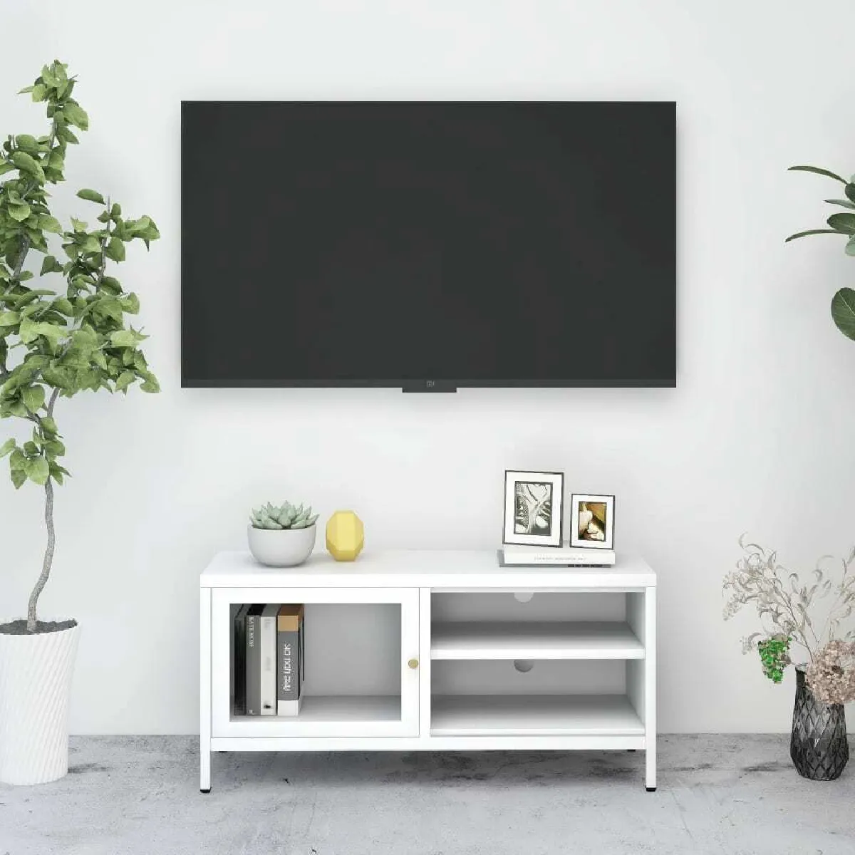 Maison Chic Meuble TV scandinave - Banc TV pour salon Blanc 90x30x44 cm Acier et verre -MN83601