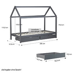 Decoshop26 Lit cabane maison pour enfant avec sommier à lattes tissu et tiroirs de rangement en bois de pin gris 90x200cm LIT06206