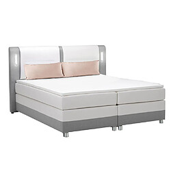 Vente-Unique Ensemble complet boxspring tête de lit avec leds + sommiers + matelas + surmatelas - 160 x 200 cm - Tissu et simili - Gris et blanc - RIMINI de YSMÉE