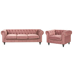 Beliani Ensemble canapé et fauteuil en velours rose 4 places CHESTERFIELD 