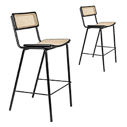 Mes Lot de 2 chaises de bar H77 cm en rotin naturel et métal noir - JORT