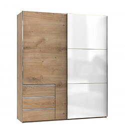 Inside 75 Armoire coulissante LISEA 2 portes 3 tiroirs chêne poutre verre blanc 200 x 236 cm HT