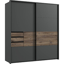 Pegane Armoire, meuble de rangement coloris graphite, rechampis imitation chêne - Longueur 180 x Hauteur 198 x Profondeur 65 cm 