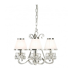 Interiors 1900 Chandelier Oksana, nickel poli, pampilles cristal, 3 abat-jours blancs