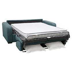 Avis Vente-Unique Canapé 3 places convertible express en tissu bleu - Couchage 140 cm - Matelas 14 cm - BEVIS