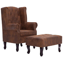 Helloshop26 Fauteuil chaise siège lounge design club sofa salon chesterfield et repose-pieds marron synthétique daim 1102228/3